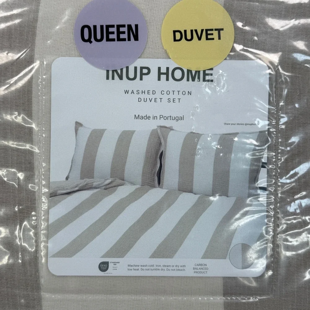 INUP Home Queen Washed Cotton Duvet Set Beige Cream Stripes Made in Portugal